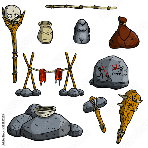 Set of items of primitive man and hunter. Weapons of caveman. Stone axe, hammer, club. Totem and wand of shaman. Lifestyle and tool. Cartoon illustration