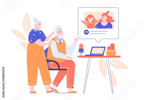 Grandparents call daughter and granddaughter from a laptop. Online chat, video call, remote communication with relatives. Family together. Quarantine and self-isolation. Vector flat.