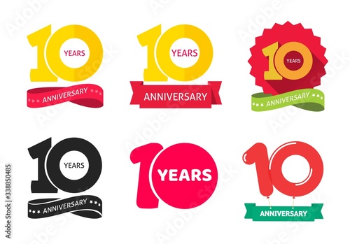 10 years anniversary logo vector icon or 10th year birthday symbol collection flat cartoon, ten birthday party pictograms set isolated on white background image