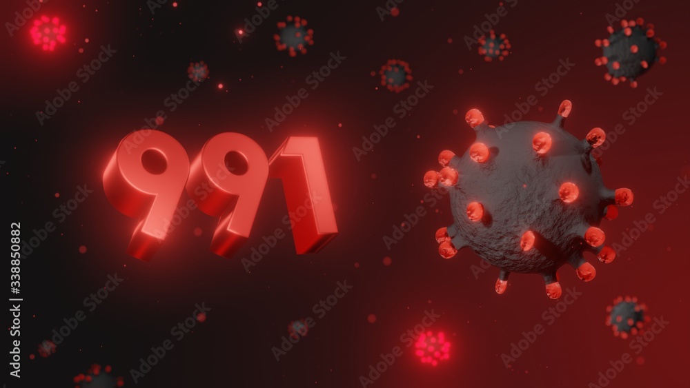 Number 991 in red 3d text on dark corona virus background, 3d render, illustration, virus Number 991 in red 3d text on dark corona virus background, 3d render, illustration, virus