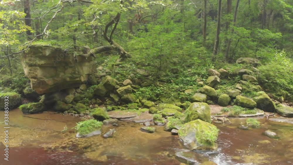 Aerial pan shot above a small river in Autumn at Zhangjiajie National Forest Park, China Aerial pan shot above a small river in Autumn at Zhangjiajie National Forest Park, China