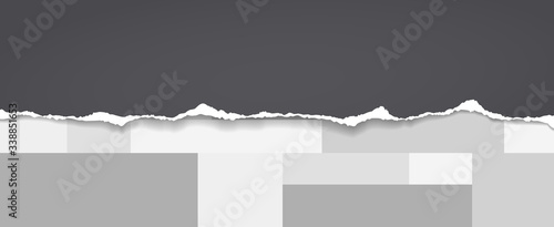 Piece of torn black horizontal paper with soft shadow stuck on white, grey oblong geometric background. Vector illustration