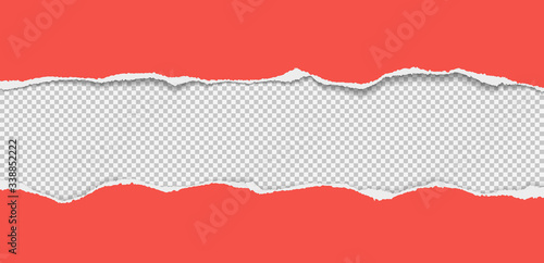 Pieces of torn red horizontal paper with soft shadow stuck on white background. Vector illustration