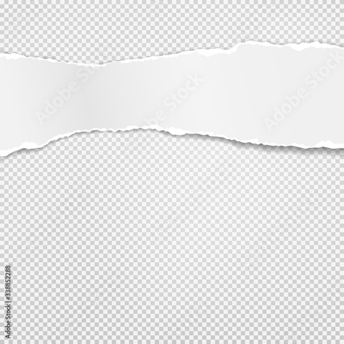 Piece of torn white paper with soft shadow stuck on grey squared background. Vector illustration