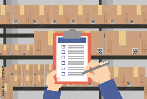 Vector illustration. Warehouse worker checking list of storage boxes.