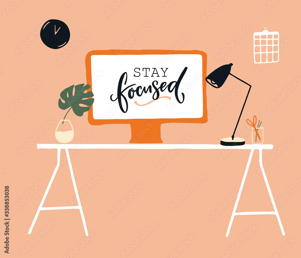 Work from home concept illustration. Desktop computer on white table ...