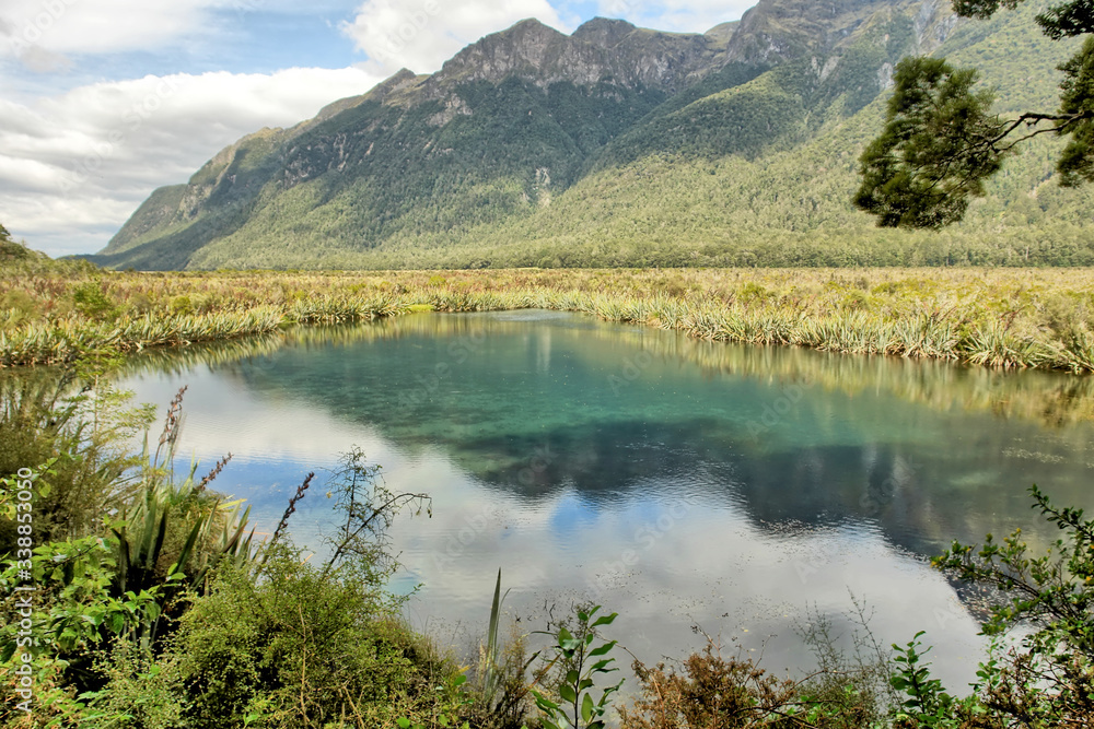 Mirror Lakes  - set of lakes lying by  the road from Te Anau to Milford Sound in New Zealand. 