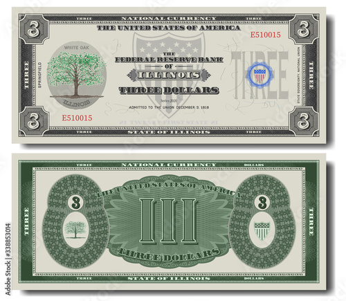 Fictional three US dollars dedicated to Illinois. Guilloche frame. White oak and shield with stars