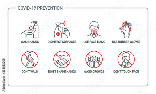 Prevention line icons set isolated on white. outline symbols Coronavirus Covid 19 pandemic banner. Quality design elements mask, gloves, distance, wash disinfect hands, stay home with editable Stroke