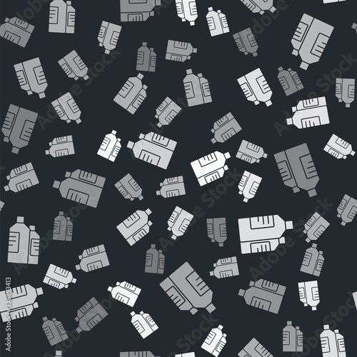 Grey Plastic bottles for laundry detergent, bleach, dishwashing liquid or another cleaning agent icon isolated seamless pattern on black background. Vector Illustration