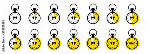 Timer and / or stopwatch icons set. A symbol of the time of cooking or waiting for packaging products, applications, websites and other Internet resources. Isolated vector elements.