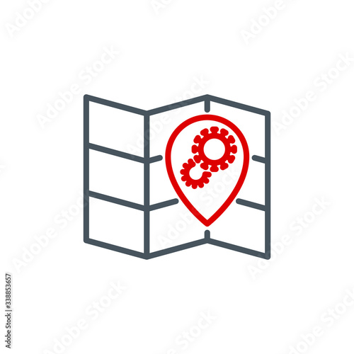 location point coronavirus outbreak on map single line icon isolated on white. Perfect outline symbol Coronavirus Covid 19 pandemic banner. Quality design element with editable Stroke line thickness