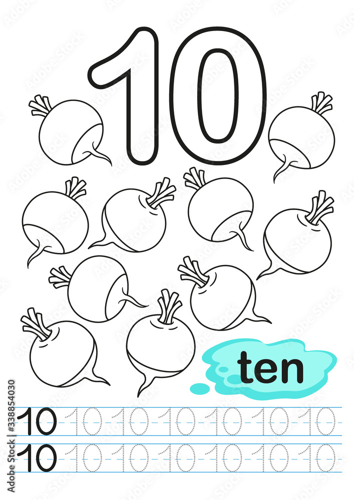 Vector coloring printable worksheet for kindergarten and preschool. Exercises for writing numbers. Learn numbers with bright fresh vegetables count and color from 1 to 10