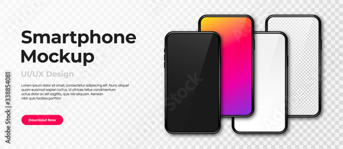 Realistic phone mockup. Set of modern phones with blank, colorful, black and transparent display. Smartphone design mockup in front view. Presentation and infographic templates. Vector