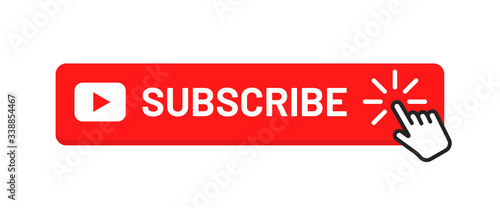 Subscribe button for social media. Subscribe to video channel, blog and newsletter. Red button with hand cursor for subscription. Vector