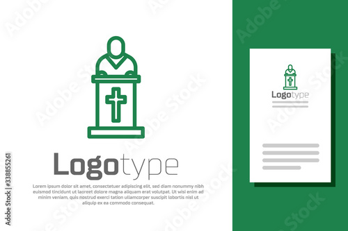 Green line Church pastor preaching icon isolated on white background. Logo design template element. Vector Illustration