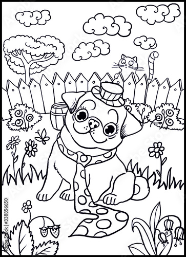 coloring page dog pug in the country, leisure