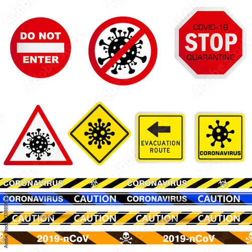 Coronavirus warning and attention icon set . Danger sign, COVID-19 or 2019-nCoV epidemic and pandemic symbol. Simple flat logo template for medical Infographic. Isolated vector