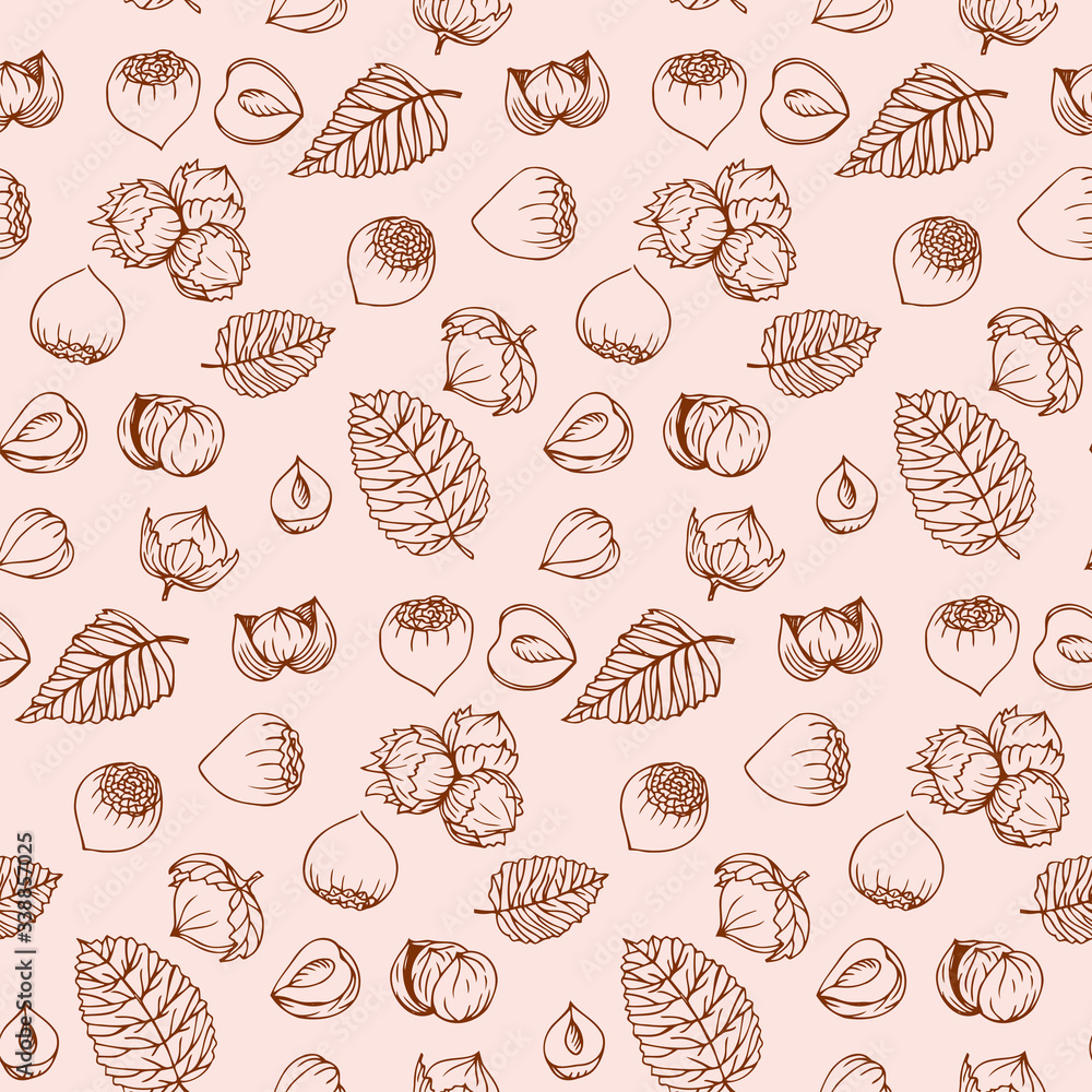 Graphics pattern Hazelnut. Nuts hand drawn, doodle style