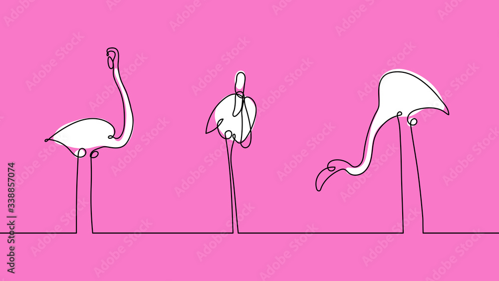 Fototapeta premium Set flamingo staying on one and two leg on pink background. Continuous line drawing isolated. Concept for greeting card, banner, poster, flyer. Abstract bird vector illustration