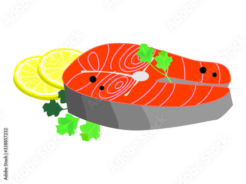 salmon steak with lemon and herbs, kitchen