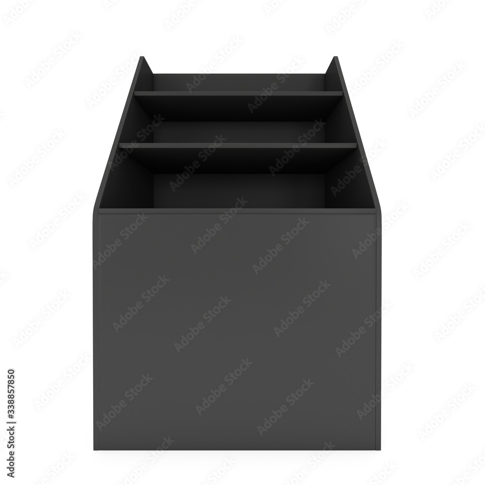 Cardboard retail shelves rack. Black Trade Show Booth. 3d render isolated on white background. Ad template for your expo design. Cardboard retail shelves rack. Black Trade Show Booth. 3d render isolated on white background. Ad template for your expo design.