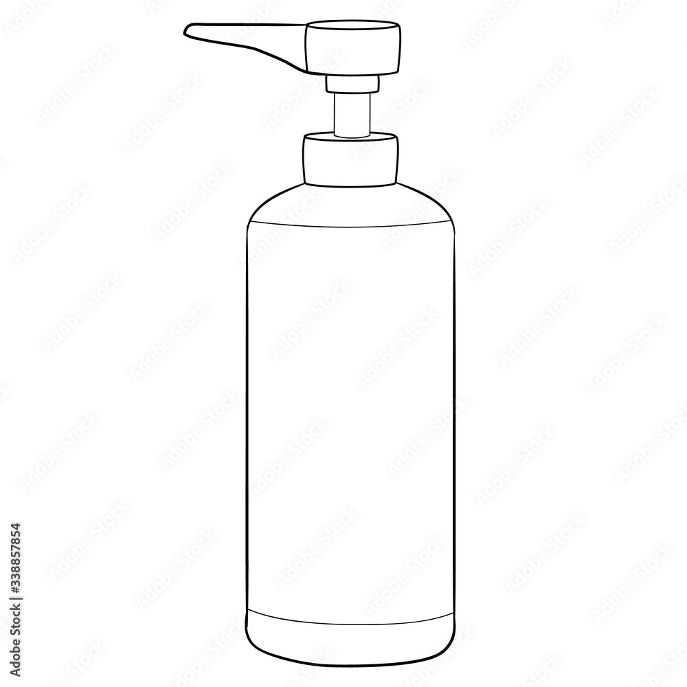 dispenser for liquid soap or shampoo, outline drawing, isolated object on a white background, vector illustration, dispenser for liquid soap or shampoo, outline drawing, isolated object on a white background, vector illustration,