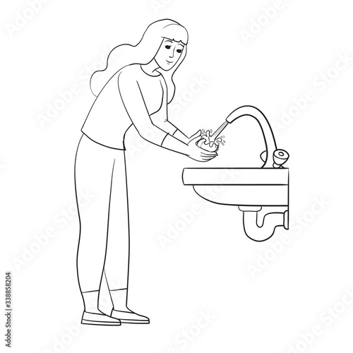 woman washes her hands in running water, outline drawing, isolated object on a white background, vector illustration,