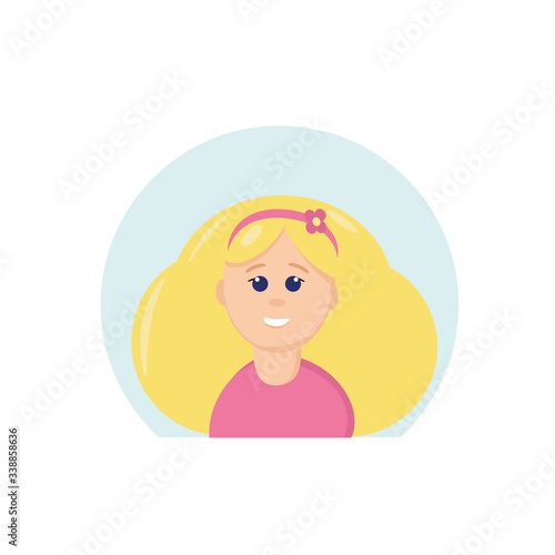 girl with long white hair and a rim with a pink flower, emotion joy, laughing in a flat style. vector graphic. element for design sticker, icon, poster, card woman avatar