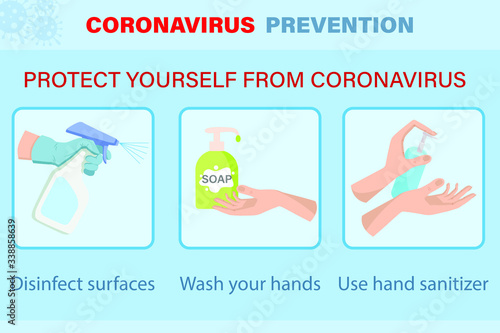 COVID-19 prevention. Stay home. Concept of a coronavirus outbreak. Prevention of coronavirus. COVID-19 epidemic. Protect against coronavirus. Vector illustration for a poster, banner, or flyer.