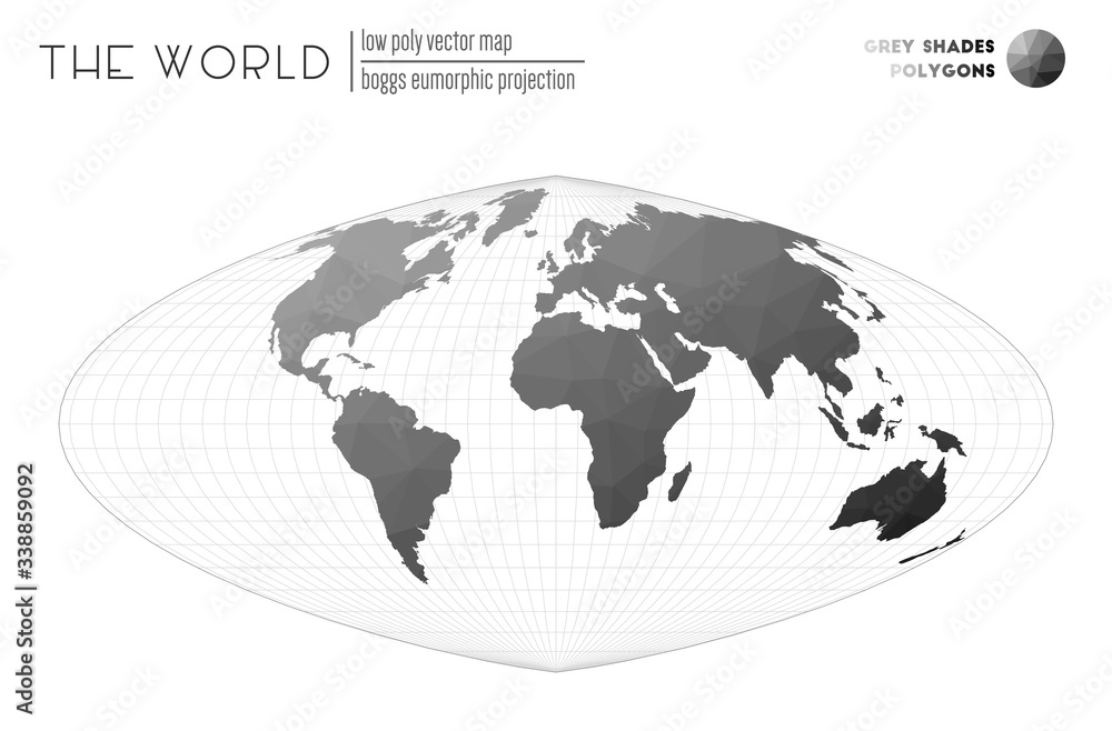 Abstract geometric world map. Boggs eumorphic projection of the world. Grey shades colored polygons. Neat vector illustration.
