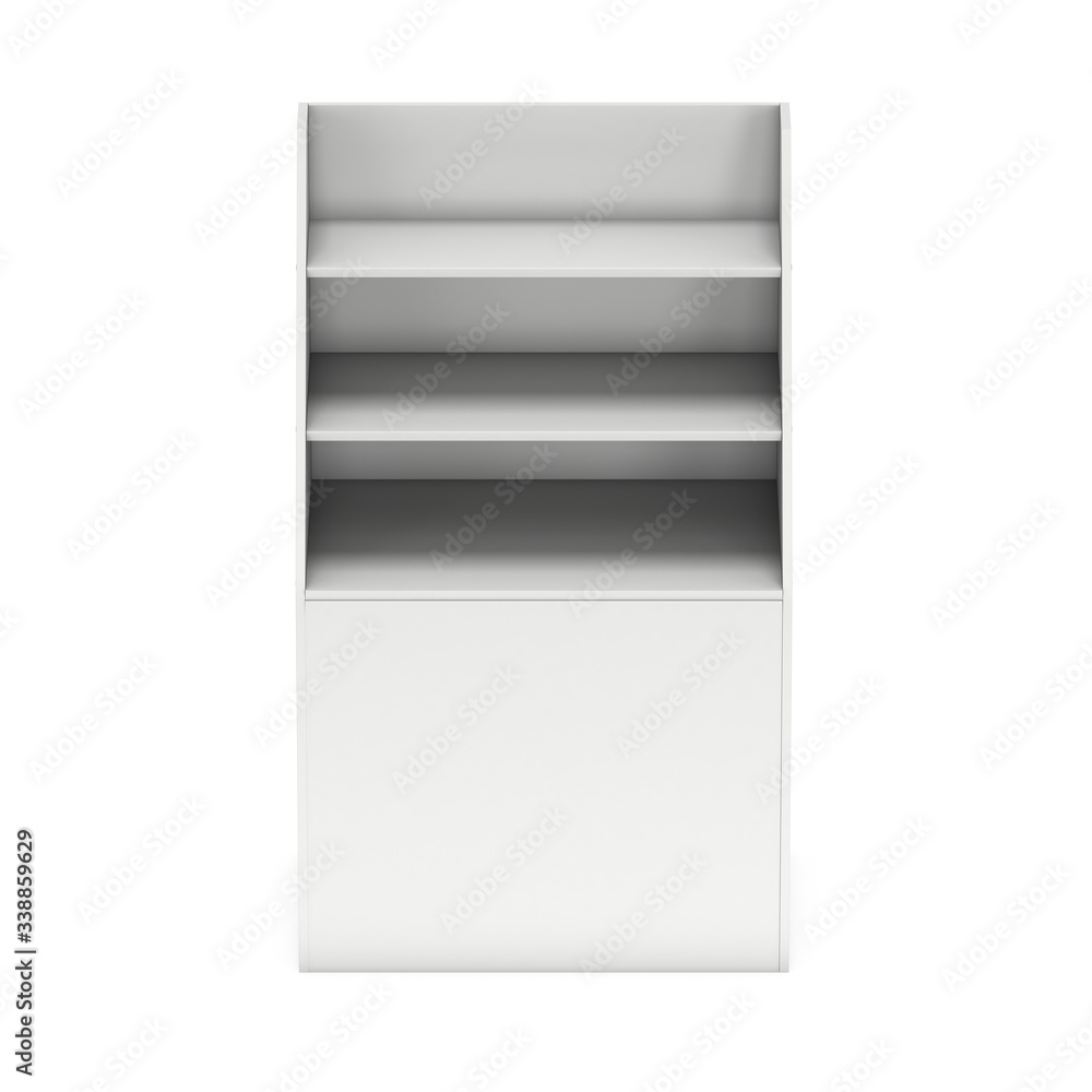 Cardboard retail shelves rack. Blank Trade Show Booth. 3d render isolated on white background. Ad template for your expo design. Cardboard retail shelves rack. Blank Trade Show Booth. 3d render isolated on white background. Ad template for your expo design.