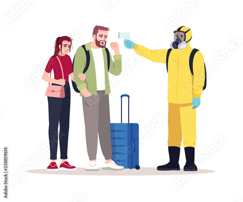 Border health check semi flat RGB color vector illustration. Medical worker in biohazard suit. Ill couple check temperature. Security and tourists isolated cartoon character on white background © bsd studio