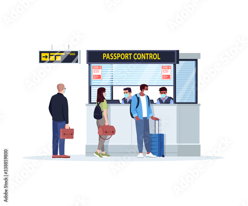 Queue to passport control semi flat RGB color vector illustration. Registration in airport terminal during virus outbreak. Control counter. Checkin isolated cartoon character on white background