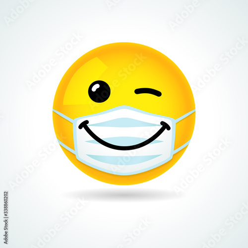Emoji smile face with guard mouth mask. Yellow winking emoticon wearing a white surgical mask. Vector wink icon