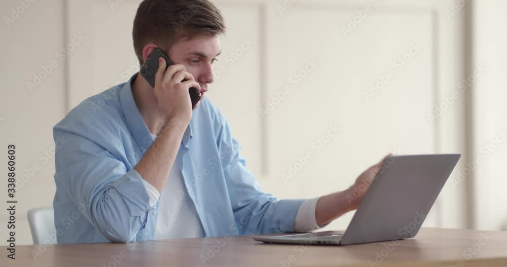 Dissatisfied client explaining computer problem to customer support by phone Dissatisfied client explaining computer problem to customer support by phone