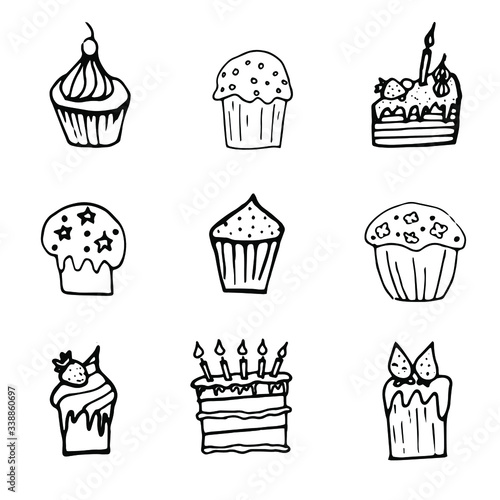 Cute doodle cake icons. Cake, cupcake, cake, coolie. Drawings for cafe menu, stickers, design. Isolated on white background