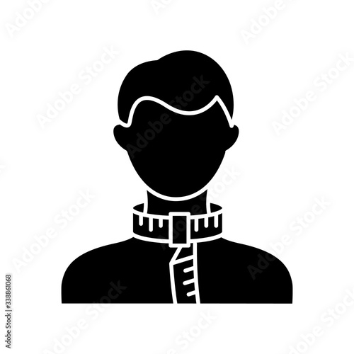 Neck circumference black glyph icon. Human body measurements, tailoring parameters silhouette symbol on white space. Collar width specification for bespoke clothing. Vector isolated illustration