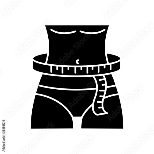Waist circumference black glyph icon. Tailor measurements, slimming silhouette symbol on white space. Woman waistline width specification for bespoke female clothing. Vector isolated illustration