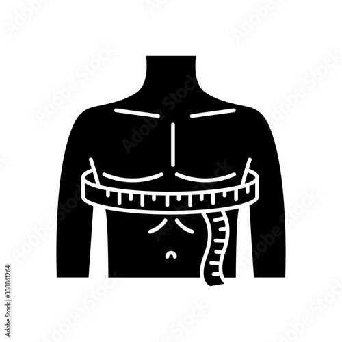 Chest circumference black glyph icon. Male upper body measurements, tailoring parameters silhouette symbol on white space. Man chest width determination for bespoke suit. Vector isolated illustration