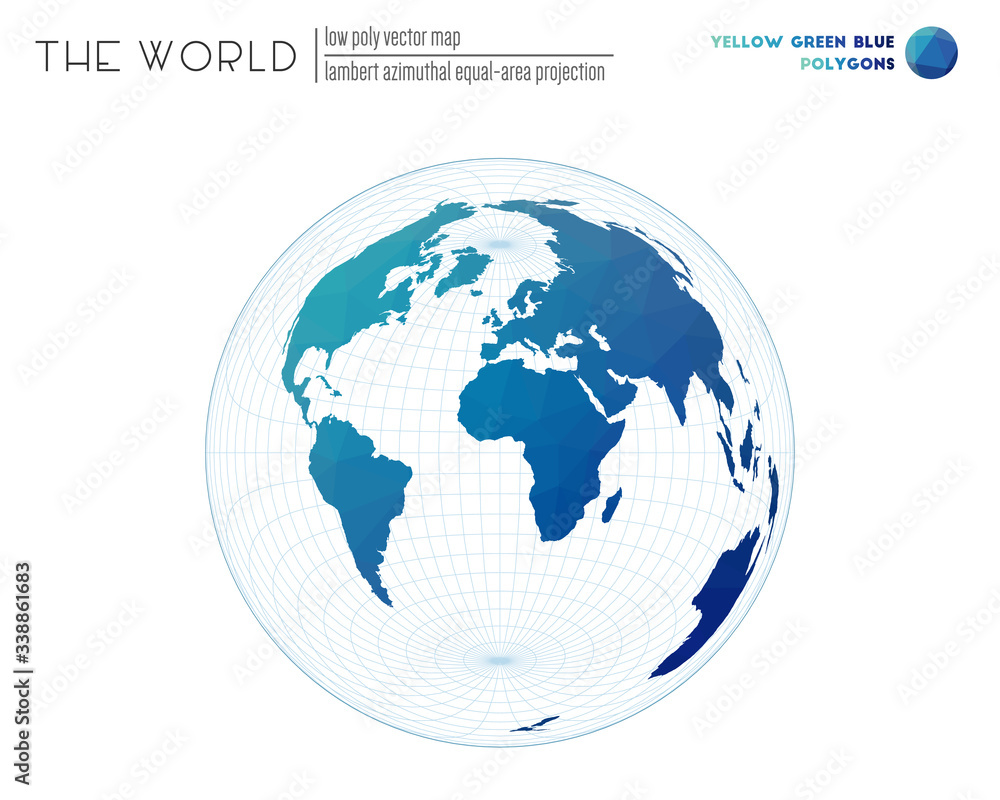 Polygonal world map. Lambert azimuthal equal-area projection of the world. Yellow, green, and blue colored polygons. Awesome vector illustration.