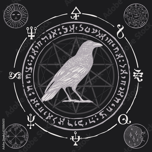 Vector illustration with a hooded Crow on the black background with an octagonal star, magic runes, occult symbols, sun, moon. Vintage banner on the witchcraft theme with a sorcery Raven.