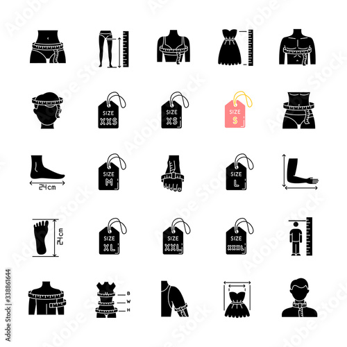 Clothing sizes black glyph icons set on white space. Human body measurements silhouette symbols. Female and male dimensions and proportions parameters for apparel. Vector isolated illustration