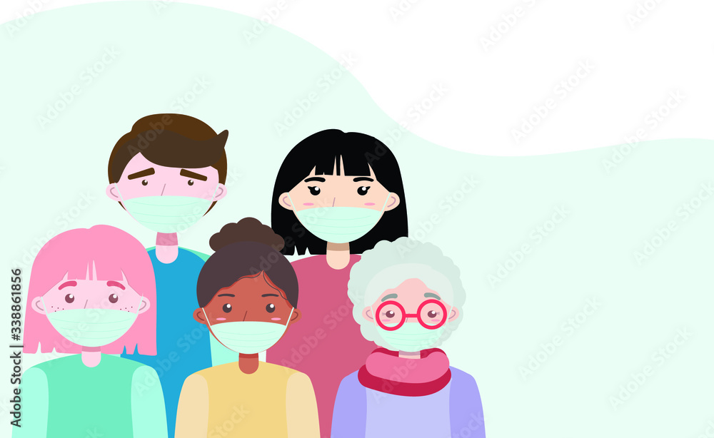 Group of People with protective face masks and Coronavirus CoV. Quarantine and virus infection. Stop COVID-19 Novel Corona virus. Vector Group of People with protective face masks and Coronavirus CoV. Quarantine and virus infection. Stop COVID-19 Novel Corona virus. Vector