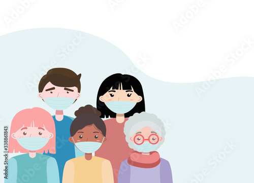Group of People with protective face masks and Coronavirus CoV. Quarantine and virus infection. Stop COVID-19 Novel Corona virus. 