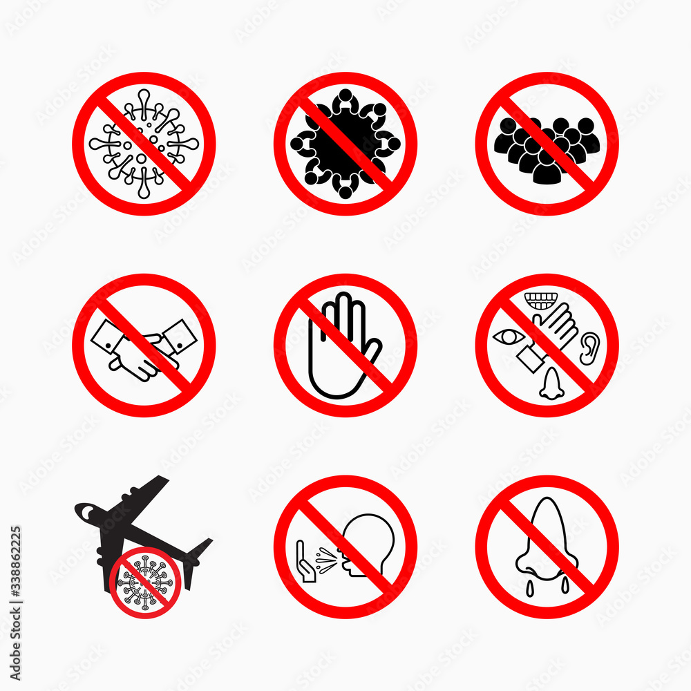 set of prohibit virus icon, coronavirus safety measures and precautions, how to protect yourself and others set of prohibit virus icon, coronavirus safety measures and precautions, how to protect yourself and others