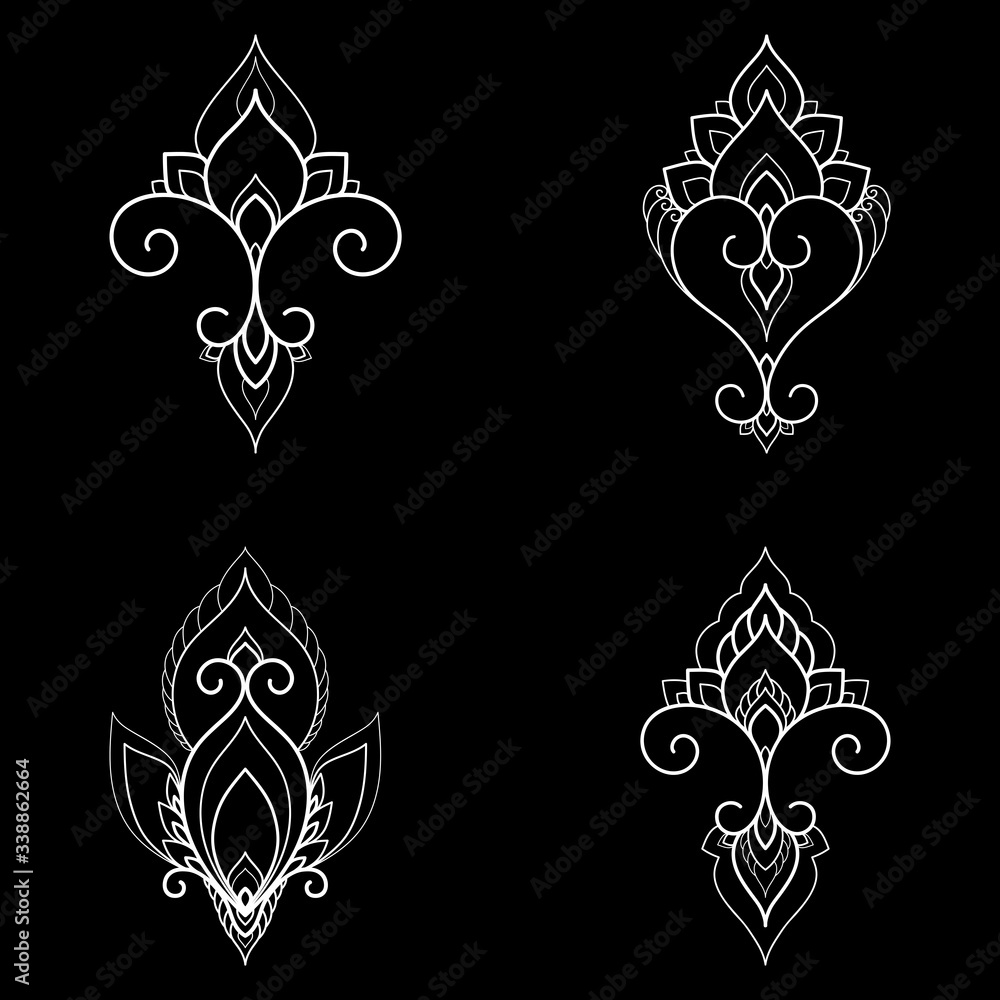 Set of four ethnic Mandala ornaments on black background. Henna tattoo design. Vector illustration