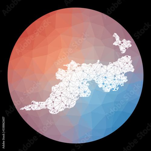 Vector network Guana Island map. Map of the island with low poly background. Rounded Guana Island illustration in technology, internet, network, telecommunication concept style.