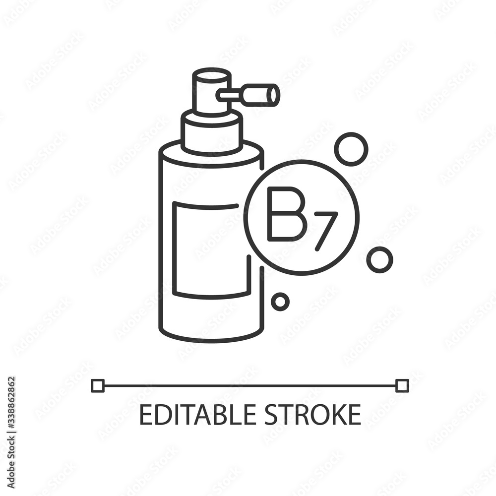 B7 biotin in liquid form pixel perfect linear icon. Mist and spray for haircare. Thin line customizable illustration. Contour symbol. Vector isolated outline drawing. Editable stroke B7 biotin in liquid form pixel perfect linear icon. Mist and spray for haircare. Thin line customizable illustration. Contour symbol. Vector isolated outline drawing. Editable stroke