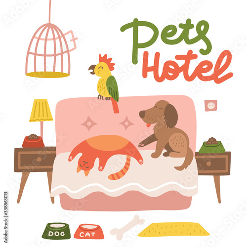 Happy dog , cat and parrot relax on a hotel bed. Animals Pets care concept. Pets hotel poster design with lettering. Room with toys and food . Flat vector illustration